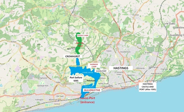 Map showing the likely inlet of the sea at Bulverhythe in 1066.
