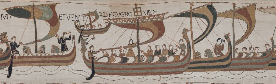 Scene from Bayeux Tapestry shows the fleet were destined to travel to the area of Pevensey as understood by the Normans Sailing scene from the Bayeux Tapestry