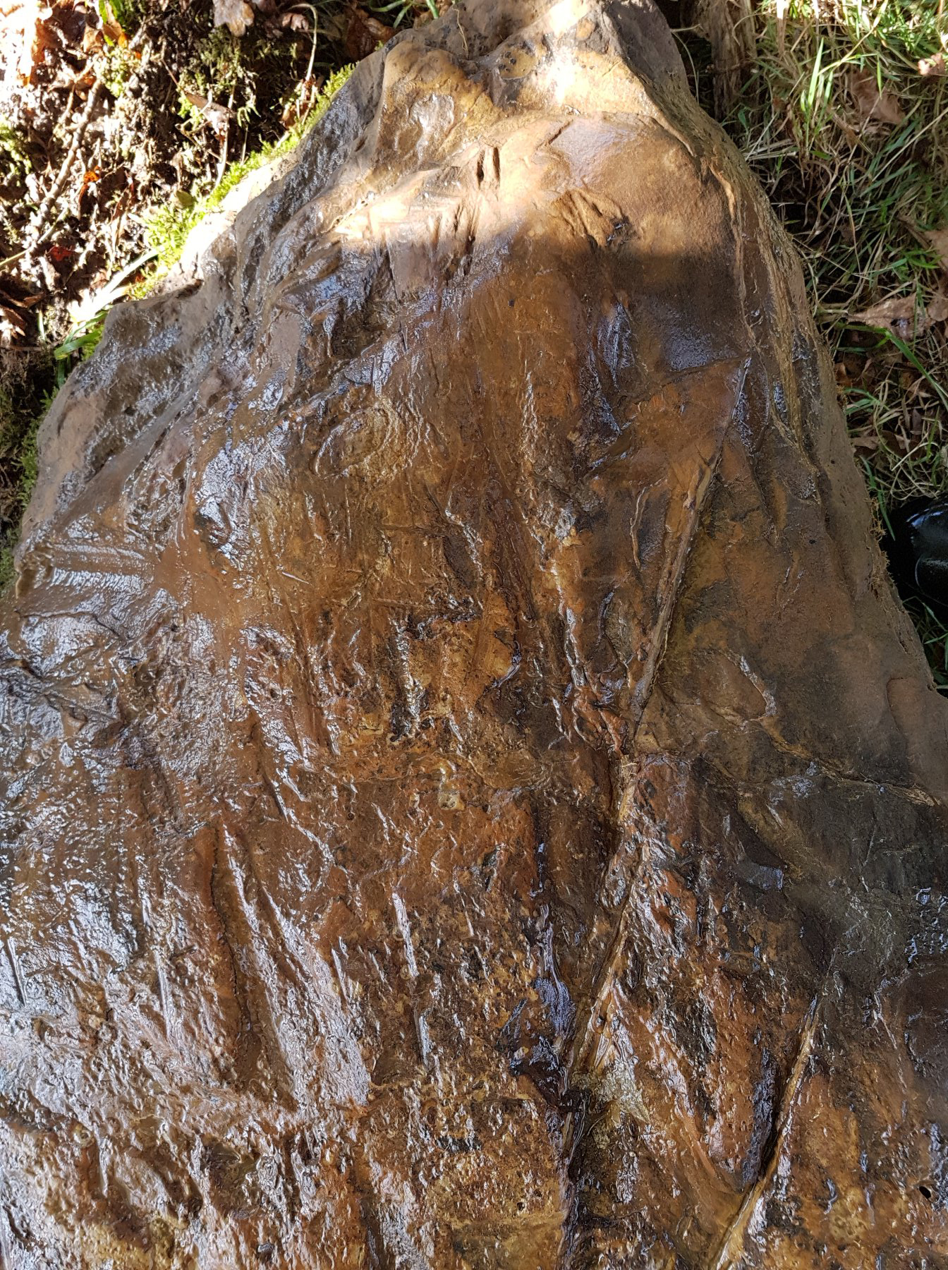 Image of the reverse side of the marker stone showing many scratches Image of the reverse of the battlefield marker stone