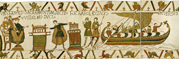 Harold swears the oath in Bayeux before sailing back to England in the Bayeux Tapestry Battle of Hastings overview