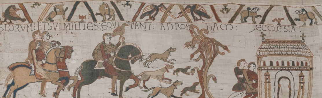 Hunting scene from Bayeux Tapestry showing Bosham Manor house where Godwin Harold's father lived. Hunting scene from Bayeux Tapestry